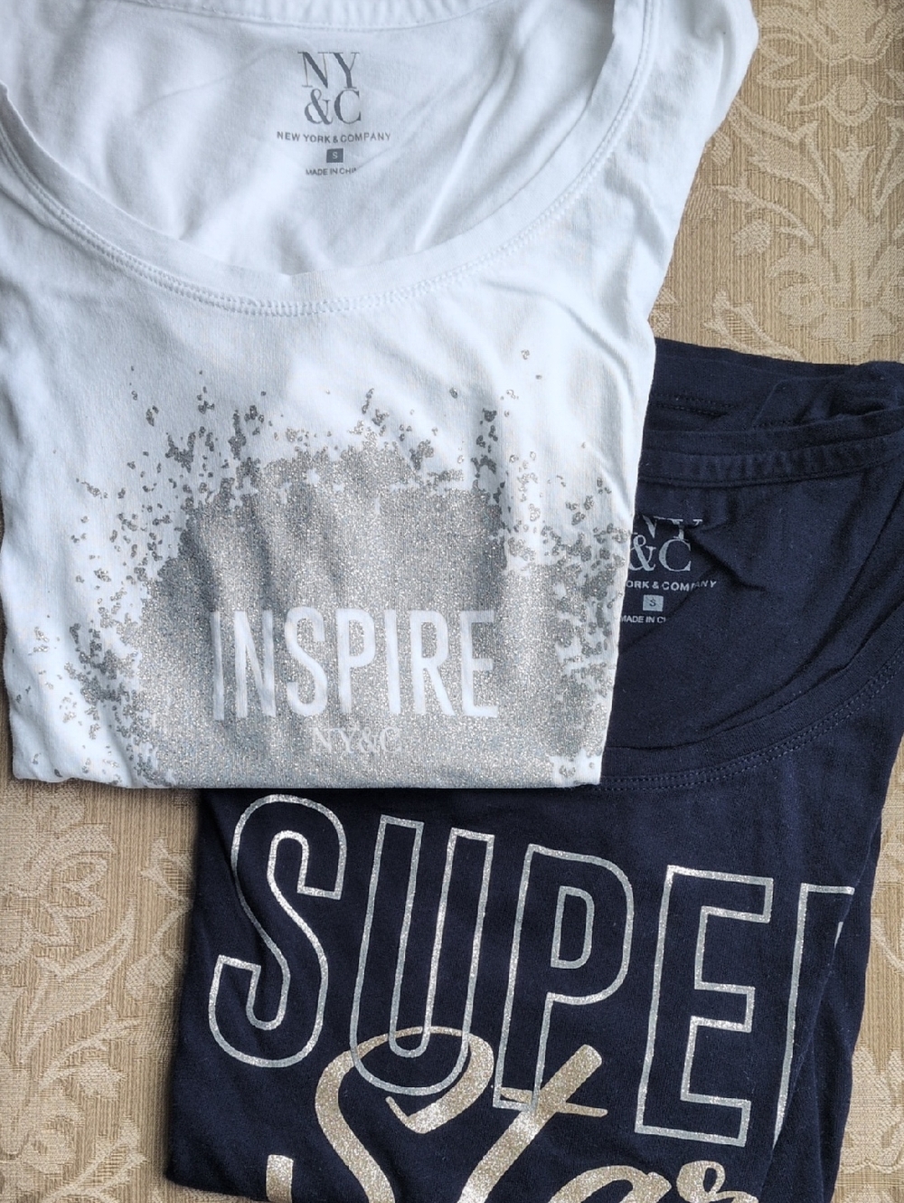 New York & Company White and Navy Graphic Tees - Inspire & Super Logos